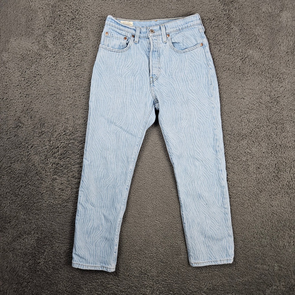 Levis Premium 501 Original Cropped‎ Zebra Print Jeans Light Wash Blue W26 L26